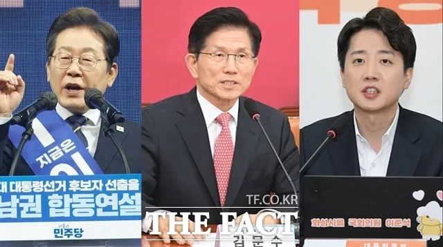 윤석열 전 대통령의 탄핵과 파면으로 치러지는 21대 대선 공식 선거운동이 2일 막을 내렸다. 사진은 왼쪽부터 기호 1번 민주당 이재명, 기호 2번 국민의힘 김문수, 기호 4번 개혁신당 이준석 후보./더팩트 DB